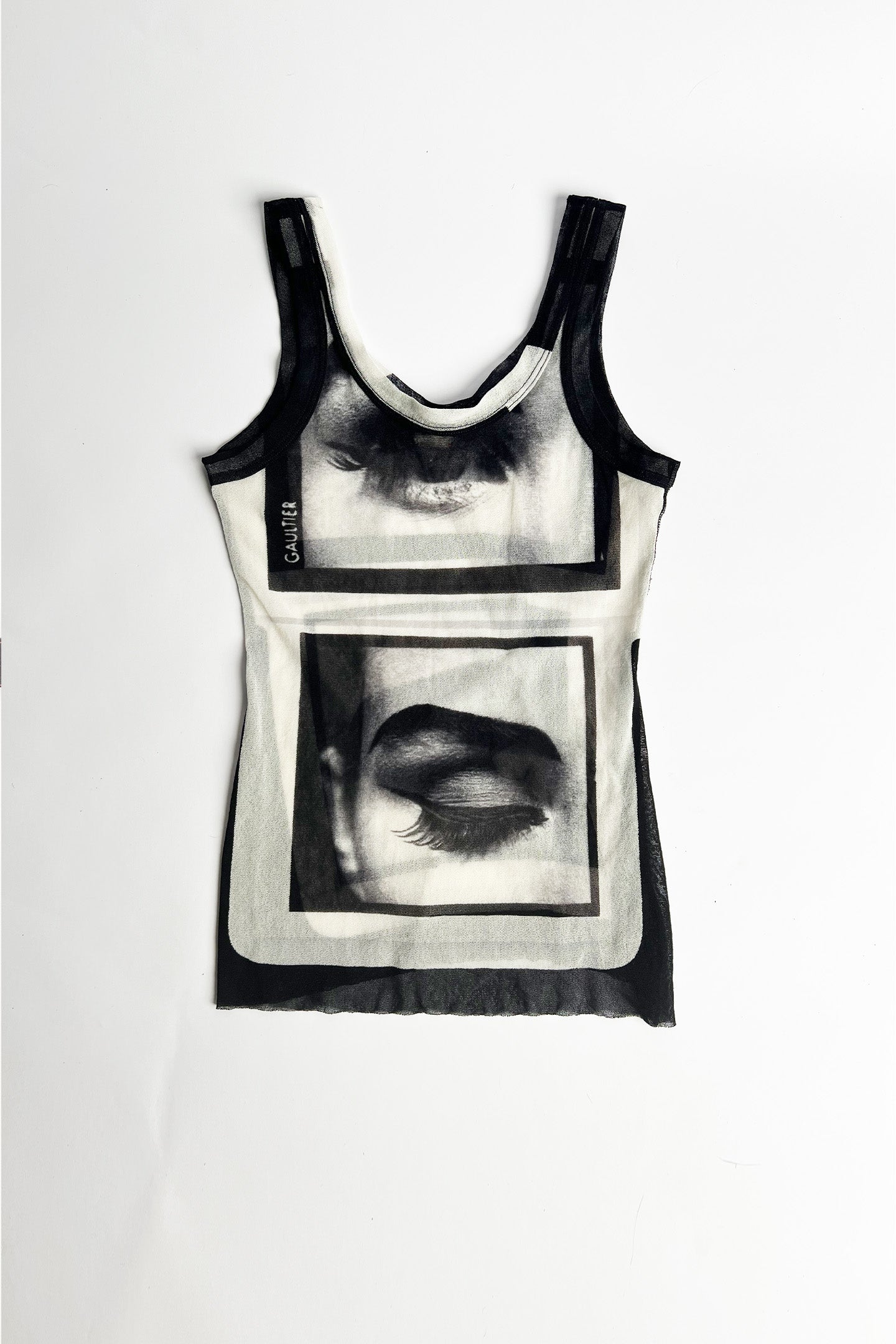 Vintage 90s Jean Paul Gaultier Madonna Eye Print Mesh tank top