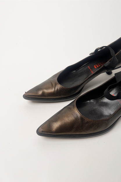 Vintage 90s Miu Miu pointed kitten heel mary janes in Metalic bronze leather