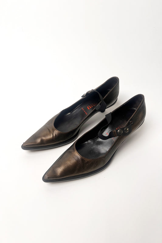 Vintage 90s Miu Miu pointed kitten heel mary janes in Metalic bronze leather