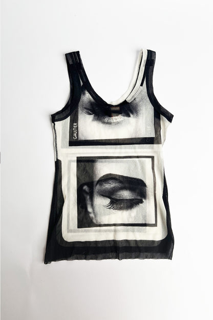 Vintage 90s Jean Paul Gaultier Madonna Eye Print Mesh tank top
