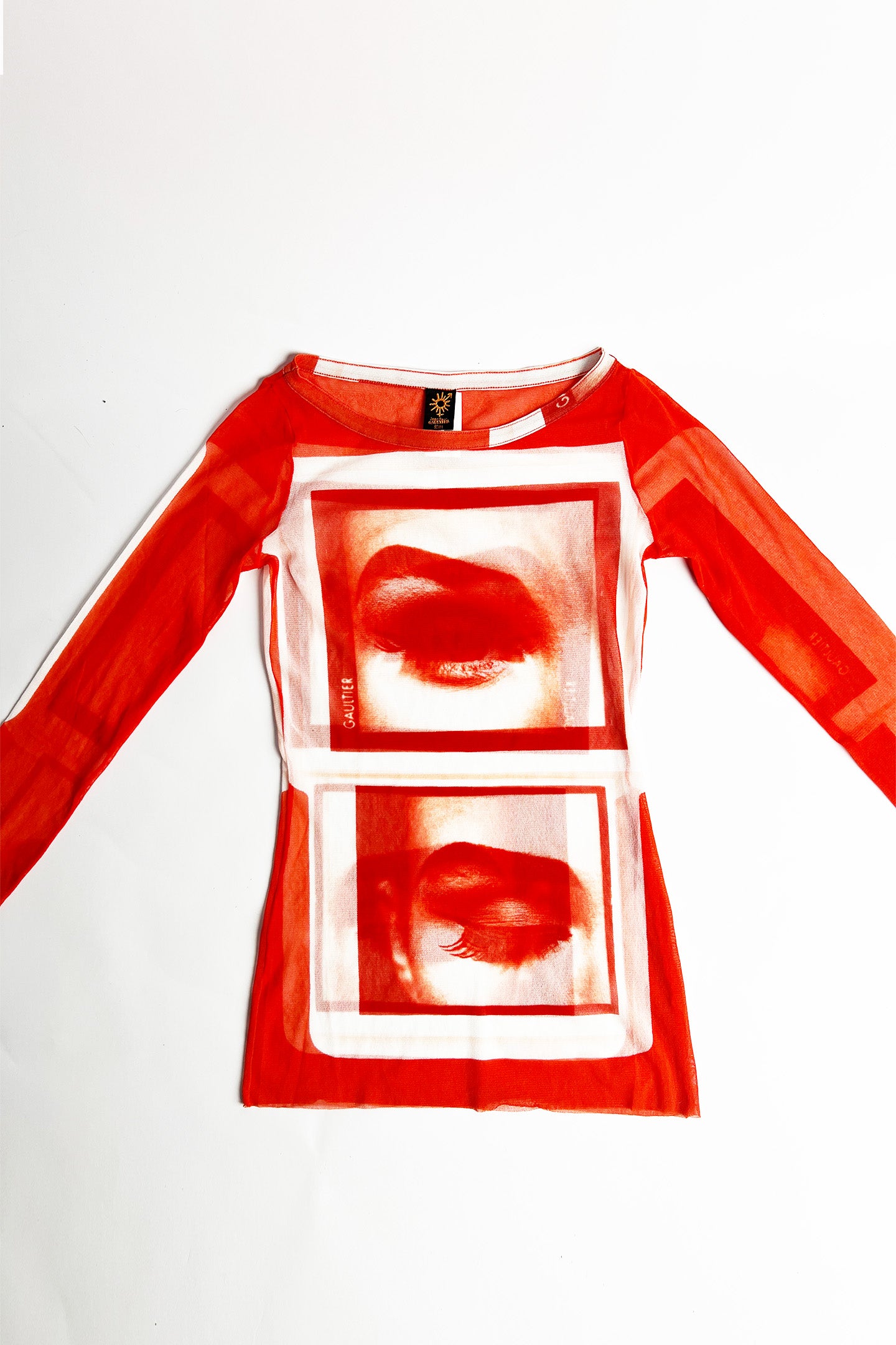 Vintage 90s Jean Paul Gaultier Madonna Eye Print Mesh long sleeve top