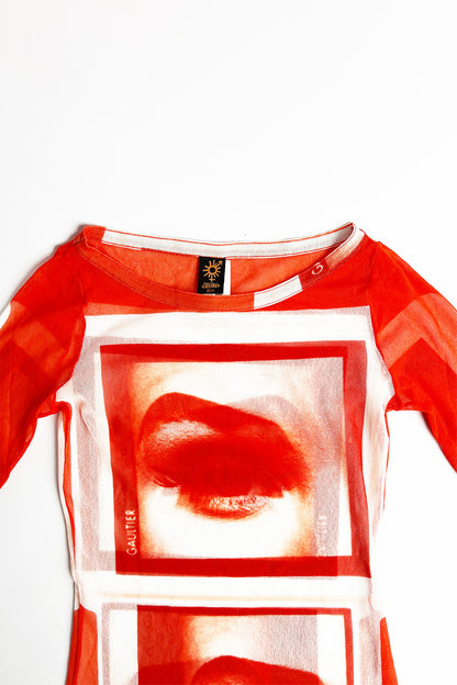 Vintage 90s Jean Paul Gaultier Madonna Eye Print Mesh long sleeve top