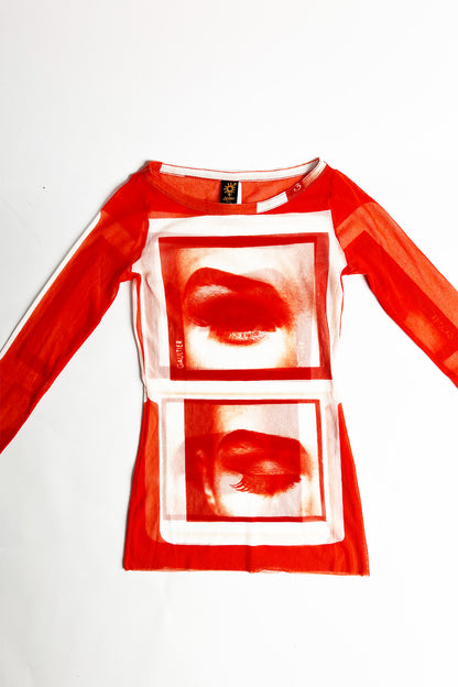 Vintage 90s Jean Paul Gaultier Madonna Eye Print Mesh long sleeve top