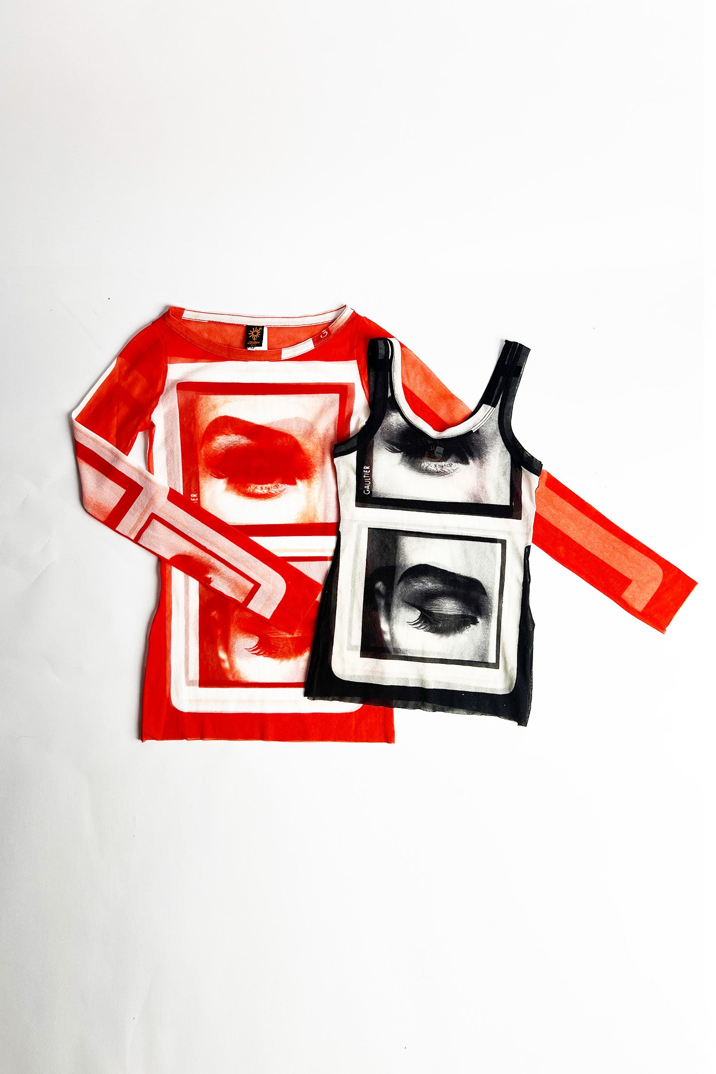Vintage 90s Jean Paul Gaultier Madonna Eye Print Mesh long sleeve top