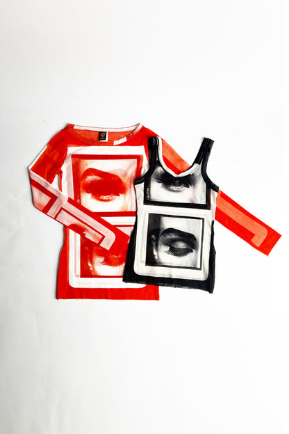 Vintage 90s Jean Paul Gaultier Madonna Eye Print Mesh long sleeve top
