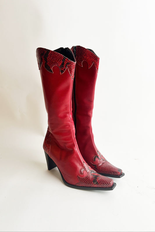 Vintage 90s Y2k Italian red leather western heeled boots size 7