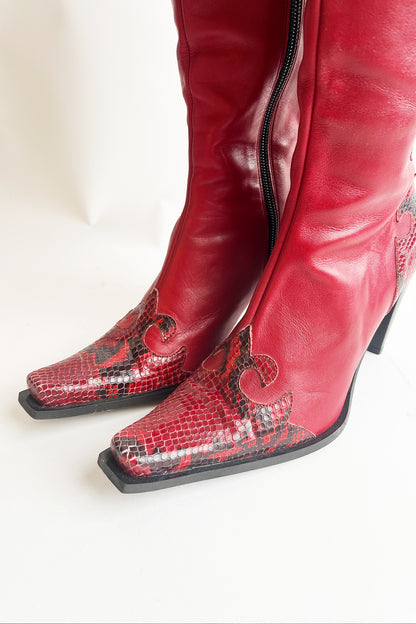 Vintage 90s Y2k Italian red leather western heeled boots size 7