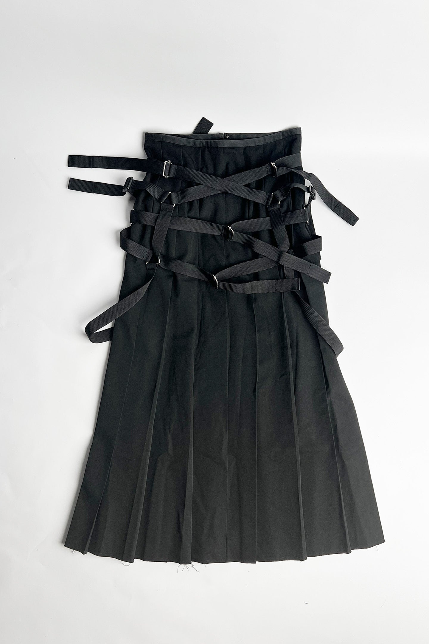 Vintage 2002 Junya Watanabe Comme des Garcons black wool bandage parachute plated maxi skirt S