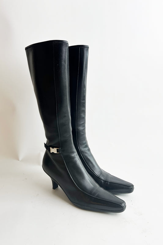Vintage 90s black leather PRADA kitten heeled tall boots with side buckle details 38.5