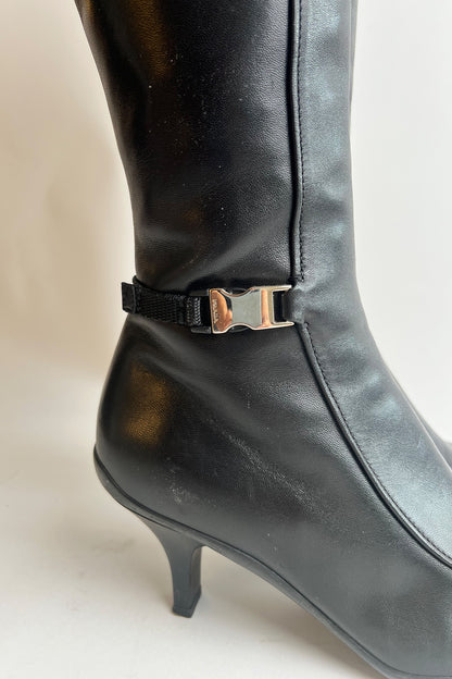Vintage 90s black leather PRADA kitten heeled tall boots with side buckle details 38.5