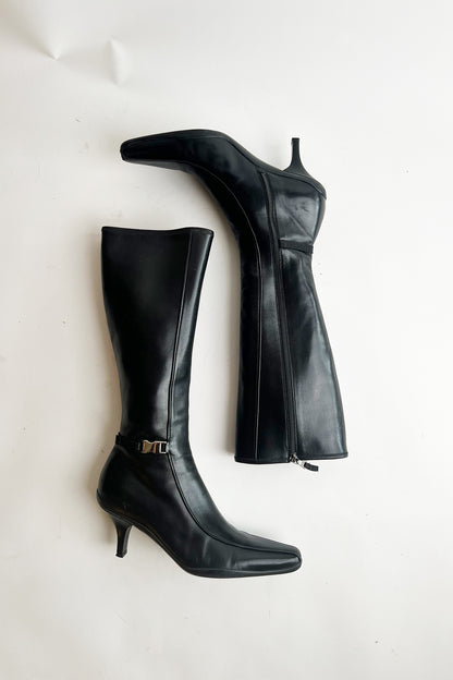 Vintage 90s black leather PRADA kitten heeled tall boots with side buckle details 38.5
