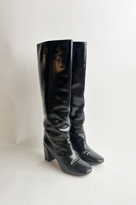 Vintage 90s black patent leather Chloe square heel tall boots 38.5
