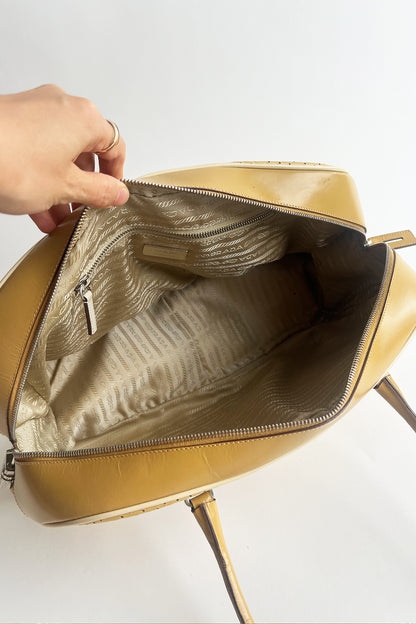 Vintage 2000s large size Prada bowling bag in Biege leather