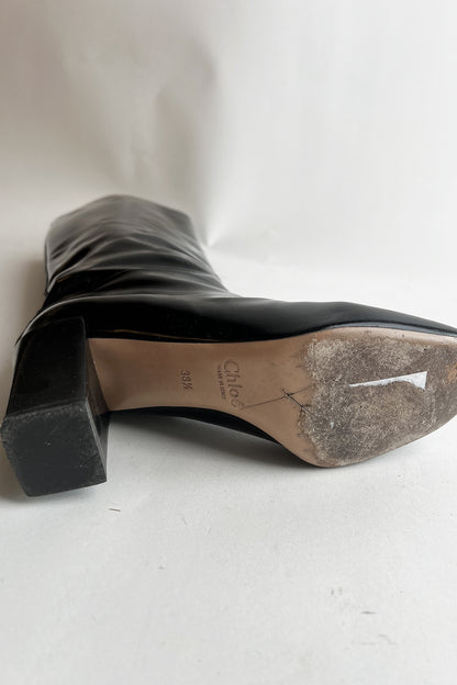Vintage 90s black patent leather Chloe square heel tall boots 38.5