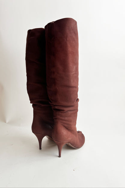 Rare vintage 90s Margiela Tabi heeled tall boots in Maroon suede leather 38