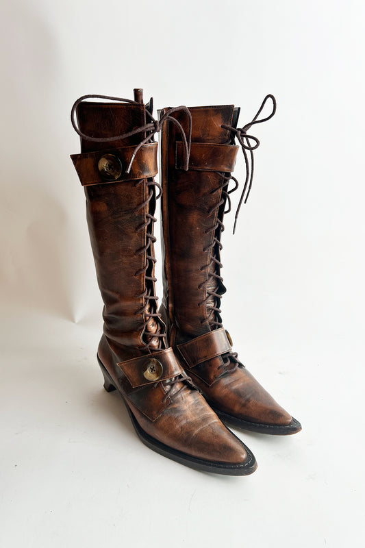 Vintage 90s Muxtart distressed brown leather kitten heel lace up boots 38