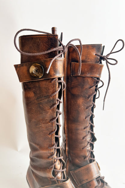 Vintage 90s Muxtart distressed brown leather kitten heel lace up boots 38