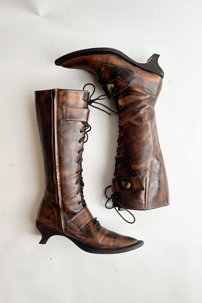 Vintage 90s Muxtart distressed brown leather kitten heel lace up boots 38