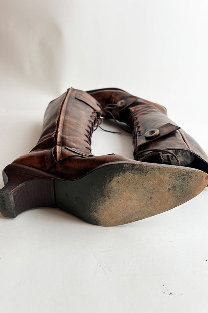 Vintage 90s Muxtart distressed brown leather kitten heel lace up boots 38