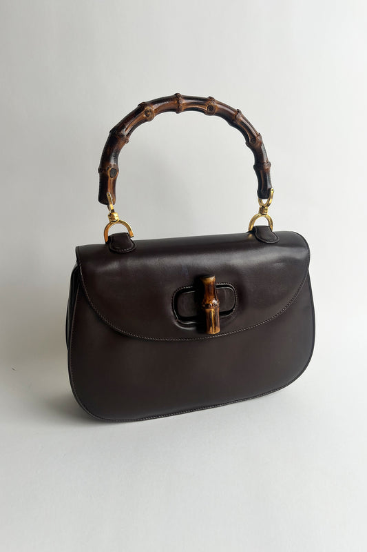 Vintage 1970s Gucci 1947 bag in brown box leather with real bamboo handle
