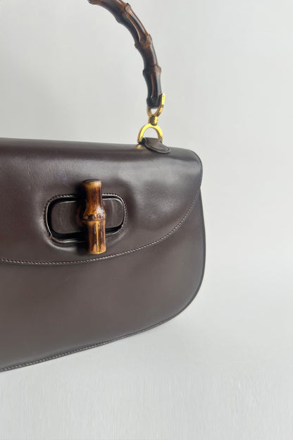 Vintage 1970s Gucci 1947 bag in brown box leather with real bamboo handle