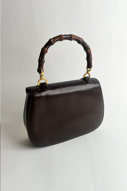 Vintage 1970s Gucci 1947 bag in brown box leather with real bamboo handle