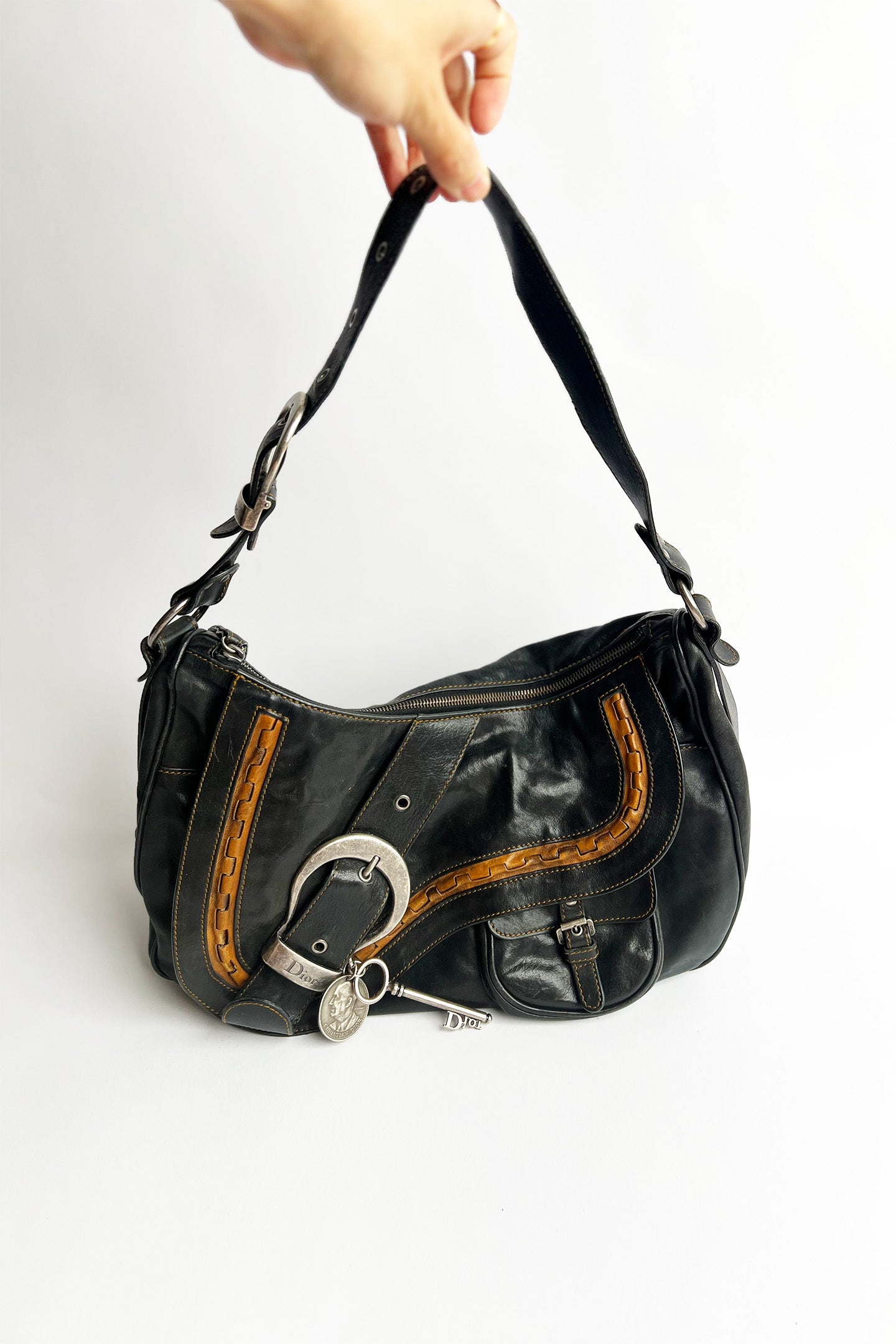 Vintage 90s John Galliano Dior Gaucho bag in black leather with top zipper
