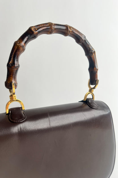 Vintage 1970s Gucci 1947 bag in brown box leather with real bamboo handle