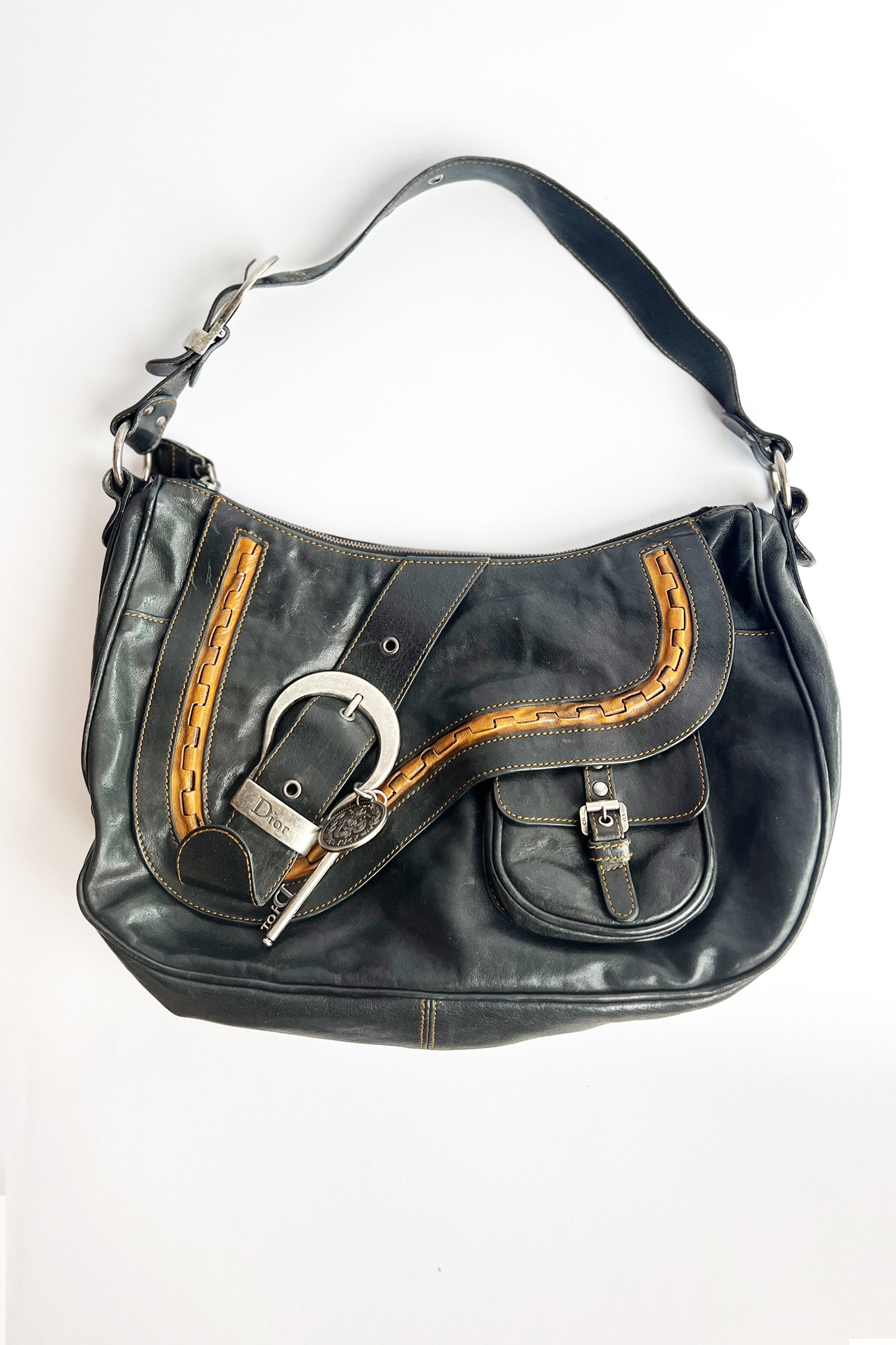 Vintage 90s John Galliano Dior Gaucho bag in black leather with top zipper