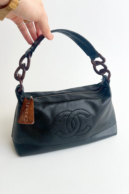 Vintage Chanel black caviar leather shoulder bag with wooden tone hardware