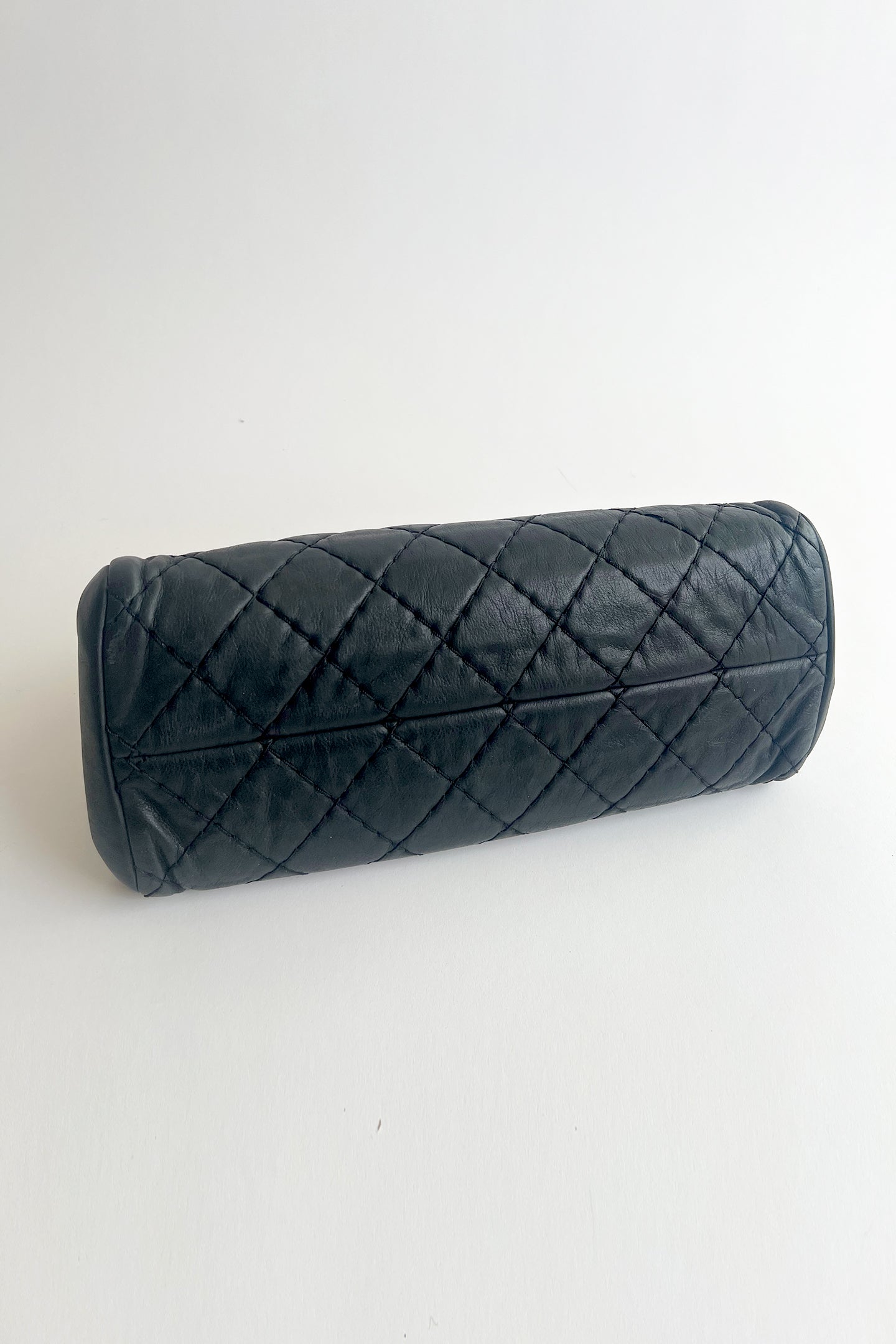 Vintage Chanel black leather wild stitch shoulder bag with metal chain