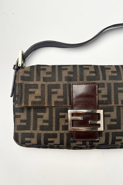 Vintage FENDI Brown Zucca Canvas & Calfskin Leather Vintage Baguette