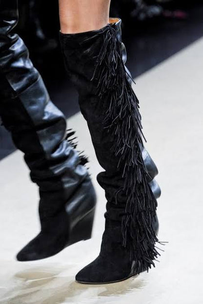 Vintage 2011 Isabel Marant runway suede and leather knee high tall boots with side fridges 7.5-8