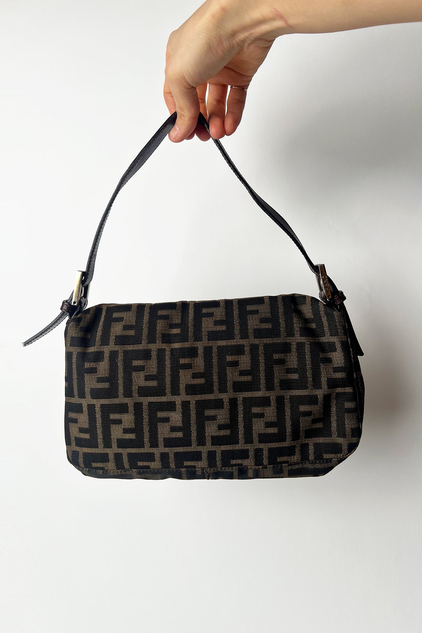 Vintage FENDI Brown Zucca Canvas & Calfskin Leather Vintage Baguette