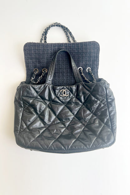 Vintage 2000s Chanel black leather two way tote with tweed flap top