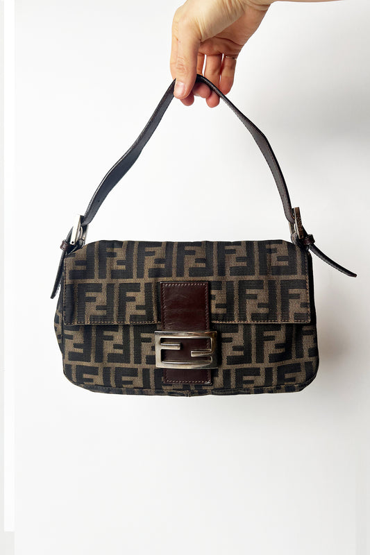 Vintage FENDI Brown Zucca Canvas & Calfskin Leather Vintage Baguette