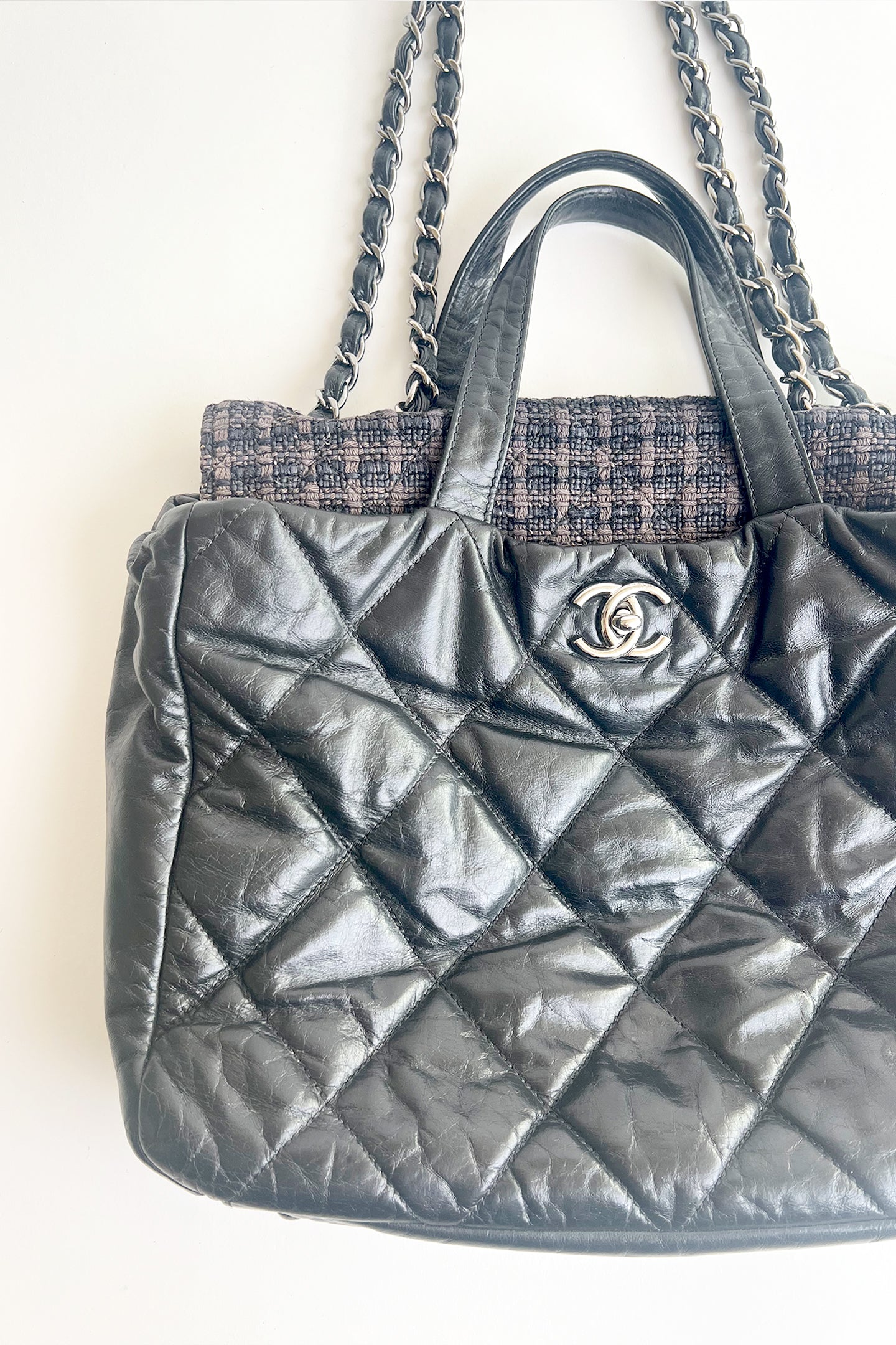 Vintage 2000s Chanel black leather two way tote with tweed flap top