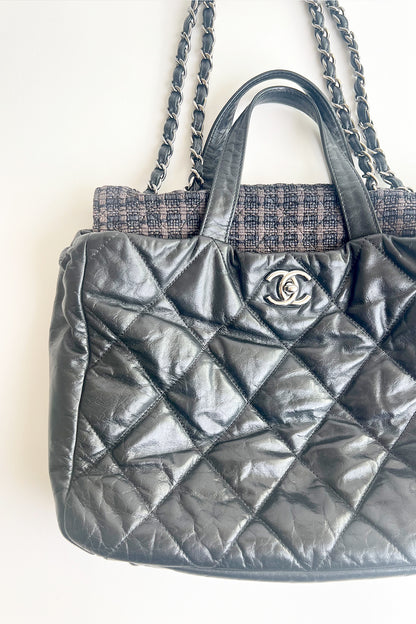 Vintage 2000s Chanel black leather two way tote with tweed flap top