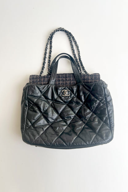 Vintage 2000s Chanel black leather two way tote with tweed flap top