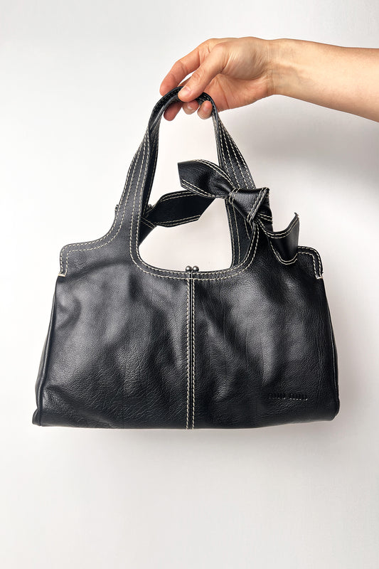Vintage 90s Rare Miu Miu bow tie black leather shoulder bag with white stitches