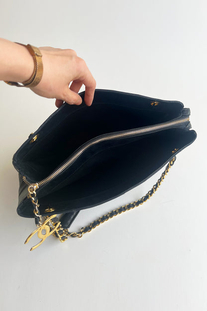 Vintage 2000s Chanel black lamb leather shoulder tote bag