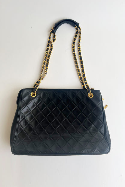 Vintage 2000s Chanel black lamb leather shoulder tote bag