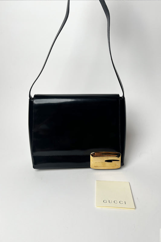 Vintage Tom Ford Gucci black Patent leather shoulder bag with golden logo