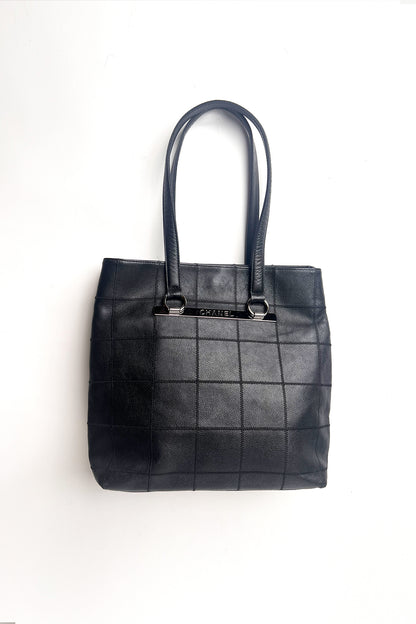 Vintage Chanel black leather stitched leather tote