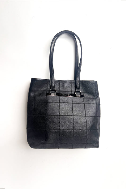 Vintage Chanel black leather stitched leather tote