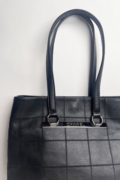 Vintage Chanel black leather stitched leather tote
