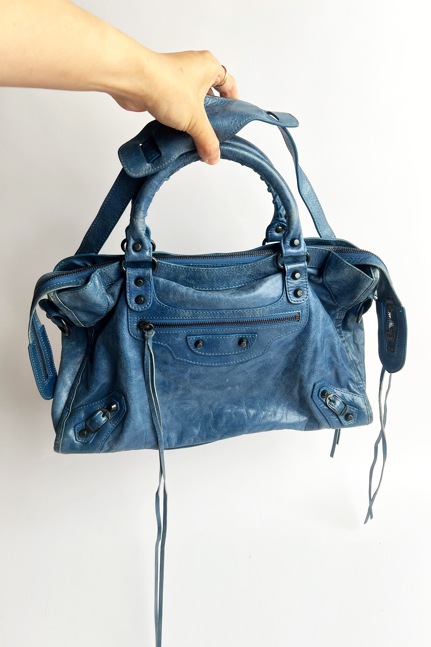 Vintage 2000s blue distressed leather Balenciaga City bag