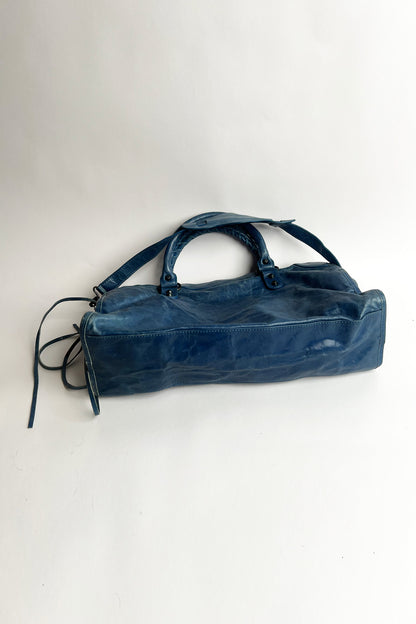 Vintage 2000s blue distressed leather Balenciaga City bag