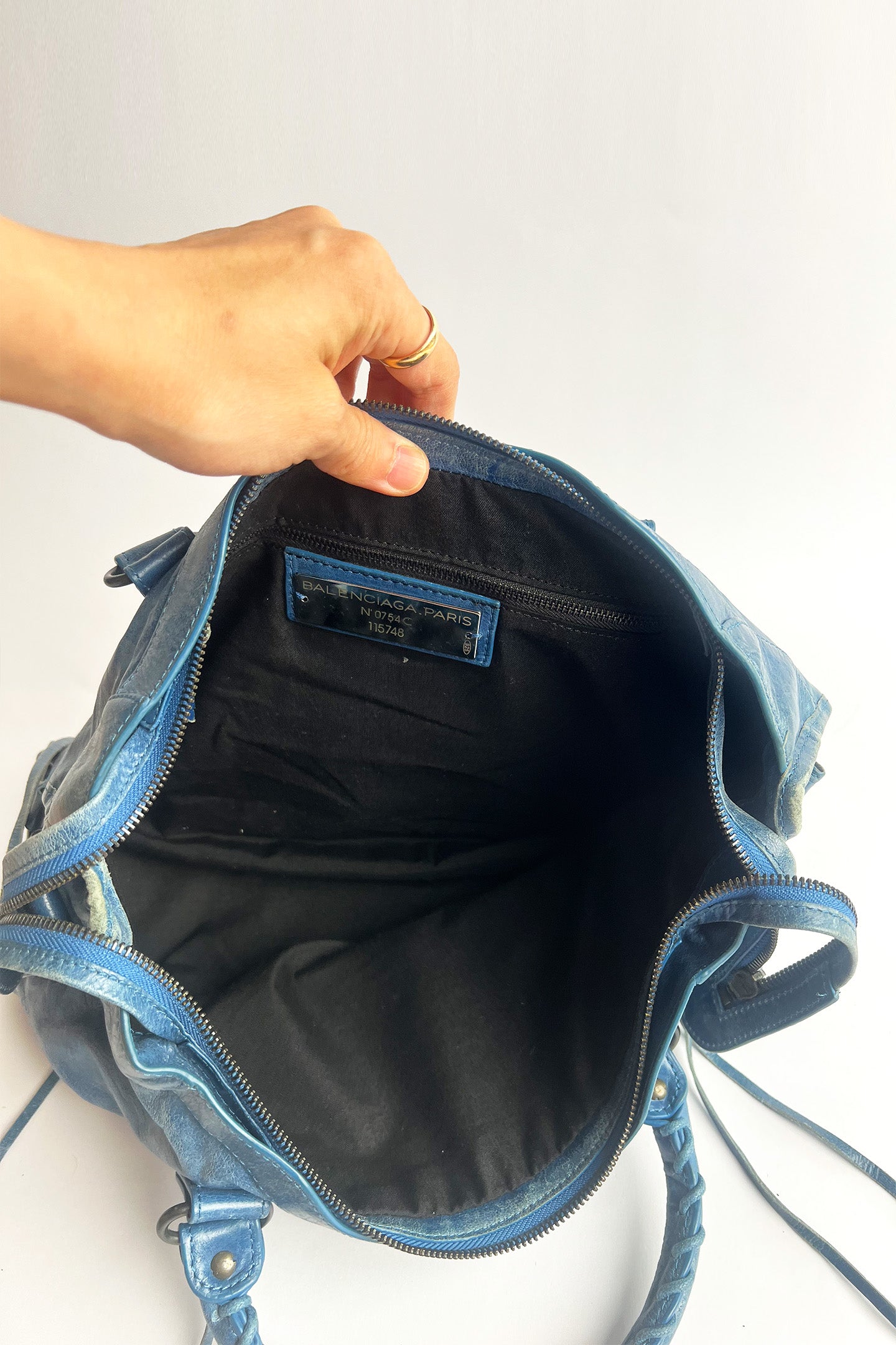 Vintage 2000s blue distressed leather Balenciaga City bag