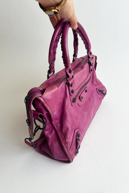 Vintage 2000s margenta distressed leather Balenciaga City bag